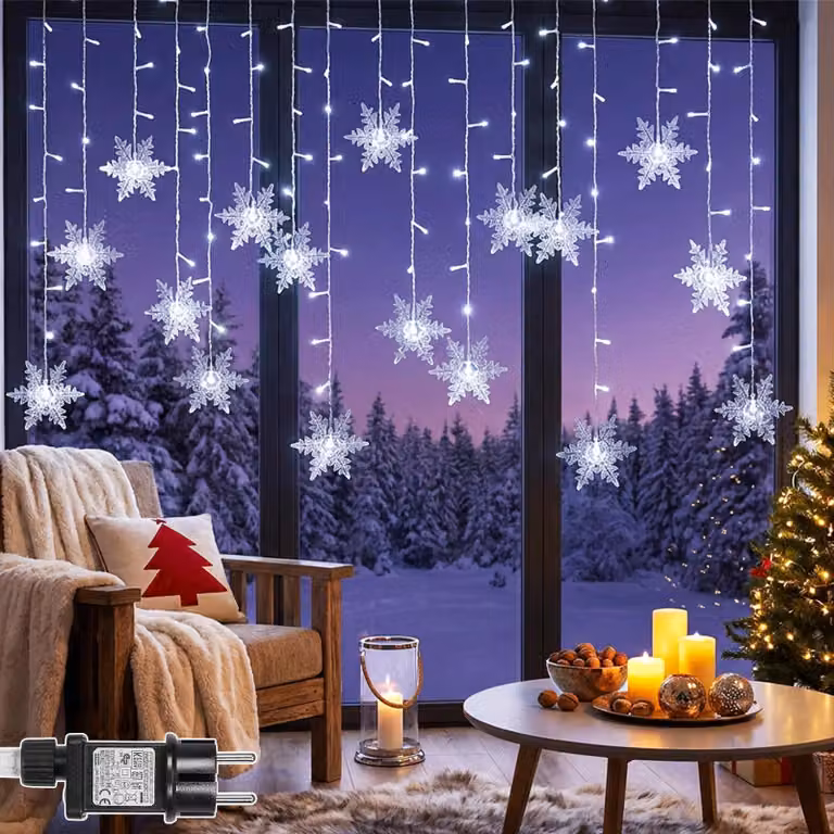 Tenda luminosa a forma di fiocchi di neve, 1,8 metri, 94 LED, con timer, 8 modalità, grado di protezione IP44, colore bianco
