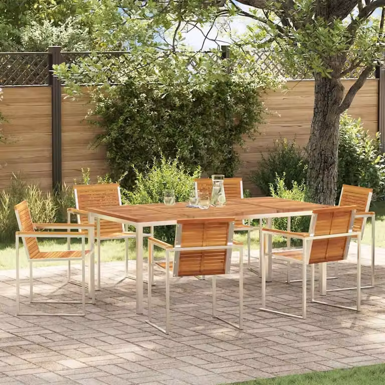Set da pranzo per giardino e terrazzo vidaXL in legno di acacia e acciaio inossidabile, 7 pezzi, marrone e argento