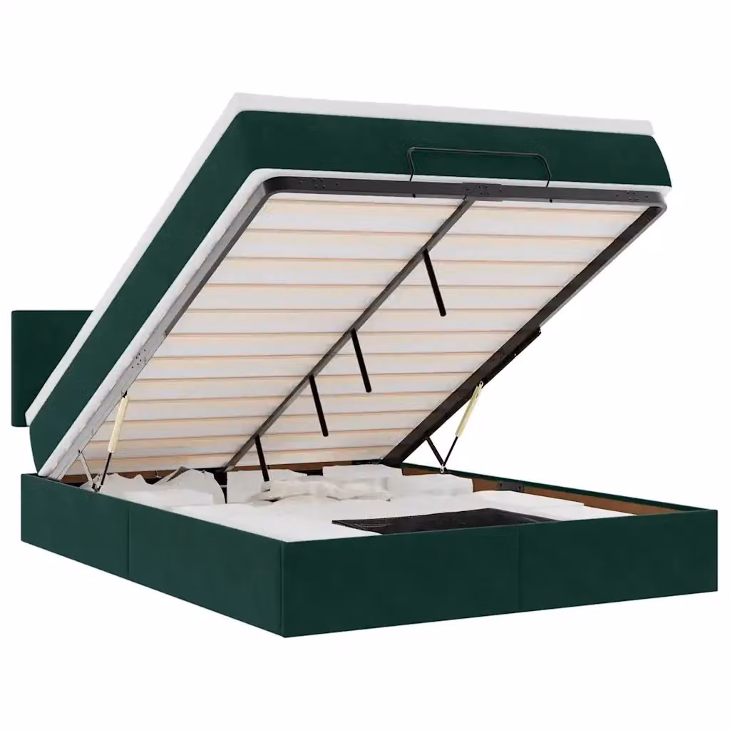 Letto con Pouf e Materasso vidaXL in Velluto con Base a Sollevamento, Illuminazione Sotto il Letto e Porte USB, L/P/H: 144 x 193 x 88 cm, Verde e Bianco – 2