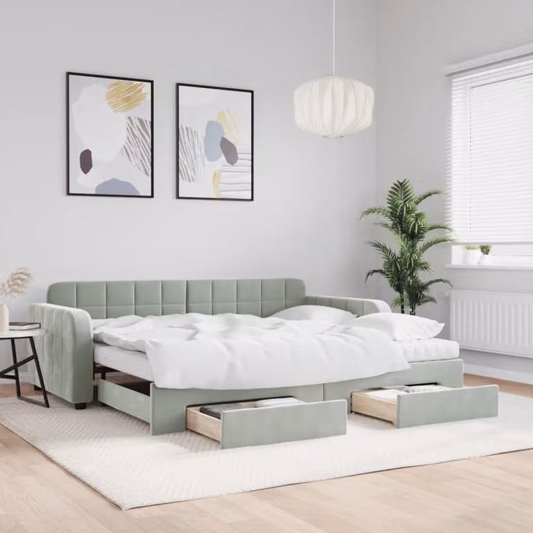 Divano Letto vidaXL in Velluto con Cassetti, Grigio Chiaro, 90x190 cm