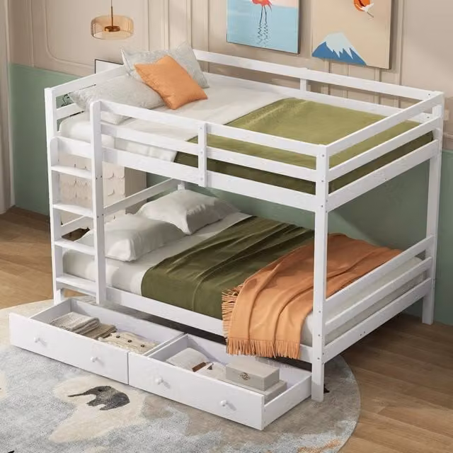 Letto a castello 2 posti 140 × 200 cm con cassetti e contenitore, senza materasso, in pino e MDF, bianco