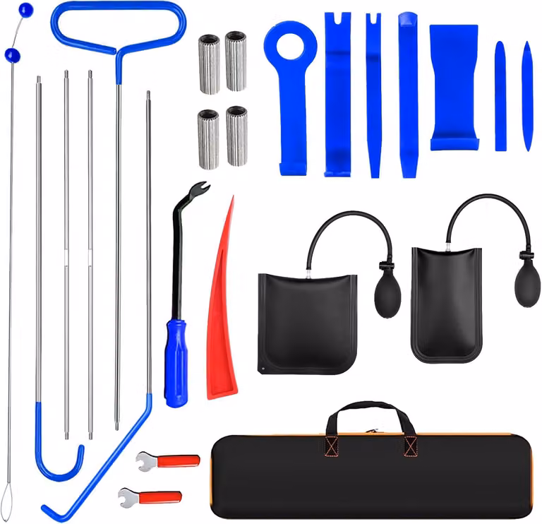 Kit di attrezzi per auto, 24 pezzi, con utensili di smontaggio lunghi, pinze e borsa con cuscini d'aria, per emergenze