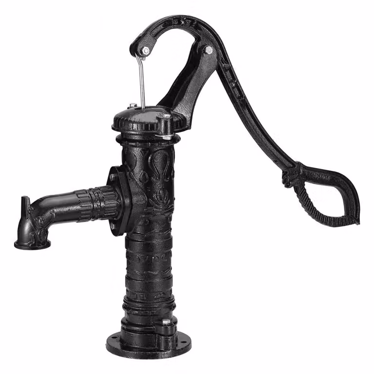 Pompa a battente in ghisa 40x15x68cm - Pompa a mano con uscita dell'acqua (ØxL) 6,5x22cm - Pompa a mano 16cm - Diametro base pompa da giardino nero - Decorazione per laghetti e giardini di famiglia