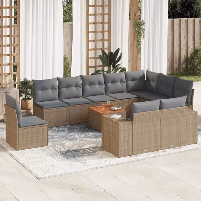 Set di Divani da Giardino VIDAXL in Polyrattan con Cuscini Beige, 11 Pezzi – 1