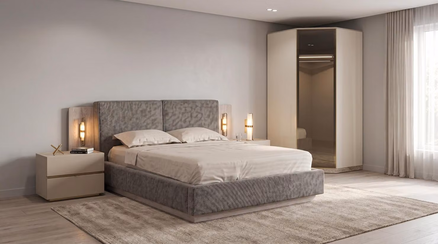 Set per camera da letto moderno, beige, con letto, 2 comodini e un armadio angolare, di alta qualità