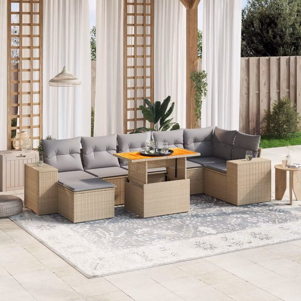 vidaXL Set Divano da Giardino 8 pz a L in Polyrattan con Cuscini Beige e Grigio – 1