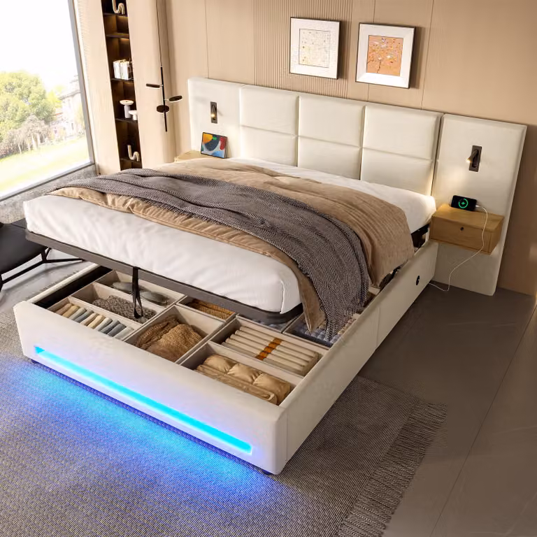 Letto imbottito STILVORA 180×200 cm, letto contenitore con materasso, testiera in velluto, pratici cassetti contenitori, luce notturna a LED, porte USB-C e contenitore idraulico sotto il letto Beige
