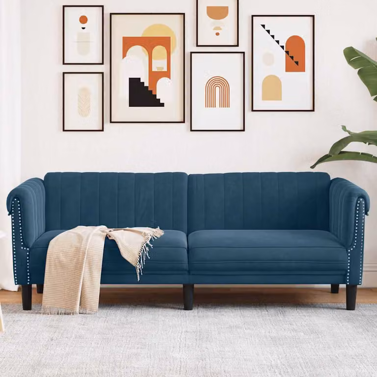 vidaXL Divano a 3 Posti Moderno in Velluto Blu con Struttura in Legno Massiccio L: 203 cm, P: 77 cm, H: 74 cm