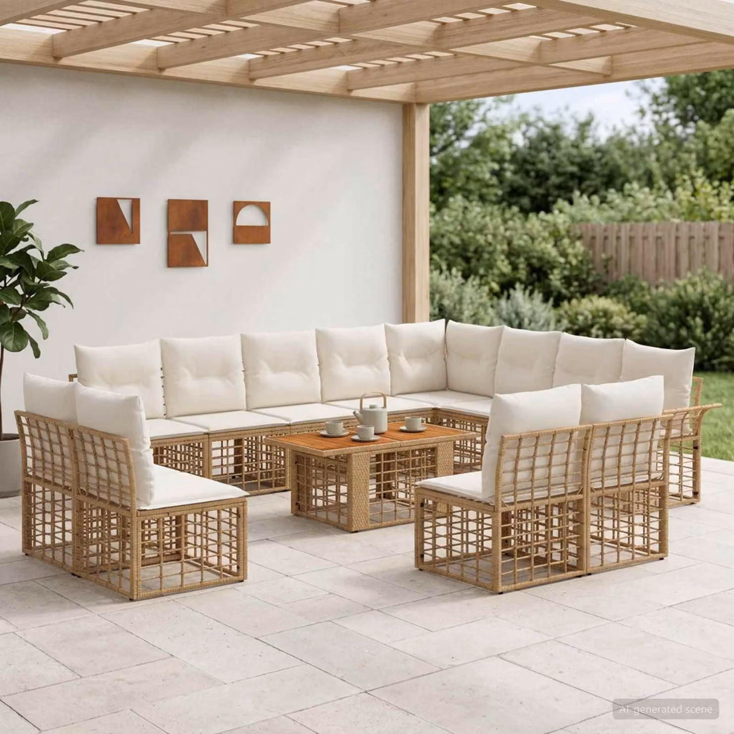 Set Divano da Giardino vidaXL 13 pz in Polyrattan con Cuscini, Colore Naturale e Bianco Crema
