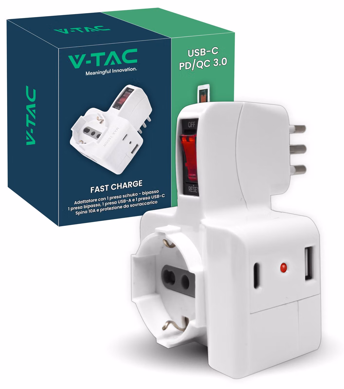 Ciabatta multipresa V-TAC con porta USB-C Power Delivery da 20W, porta USB aggiuntiva e 1 presa laterale