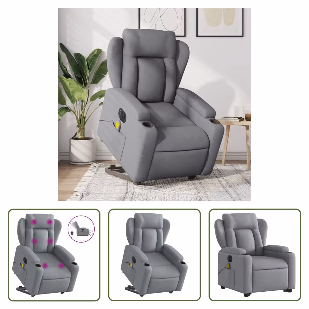 The Living Store Poltrona massaggiante elettrica con ausilio per la posizione eretta Tessuto grigio chiaro