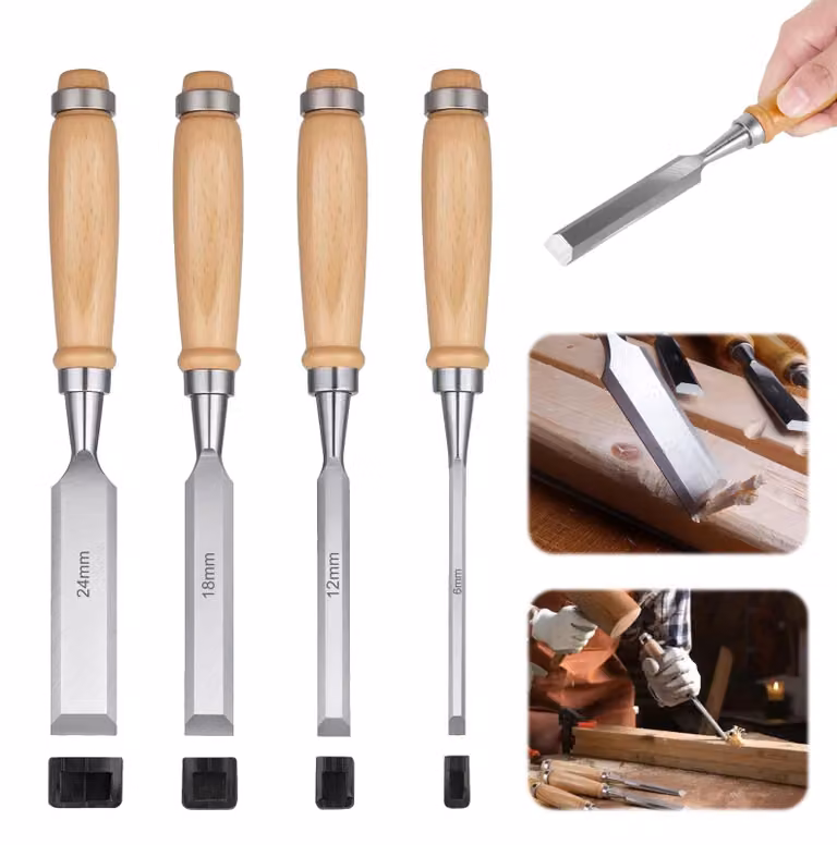 Set di scalpelli per lavori in legno da 4 pezzi con cappuccio di protezione
