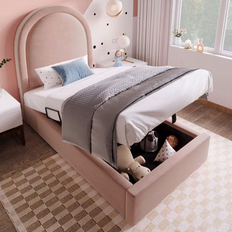 Letto contenitore con rete a doghe, cassettiera e testiera, 90x200 cm, letto imbottito, letto singolo, rivestimento in velluto