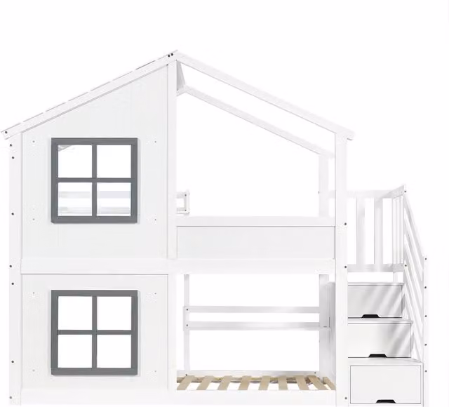 Letto a castello per bambini con scala contenitore a 3 gradini, finestrini e tetto, struttura in pino e MDF, bianco e grigio, 90x200 cm