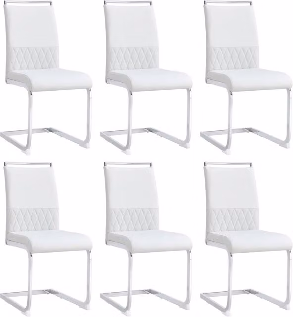 Set di 6 Sedie Moderne per Sala da Pranzo con Schienale Alto in PU e Lino, Design a Strisce Trasversali, Colore Bianco