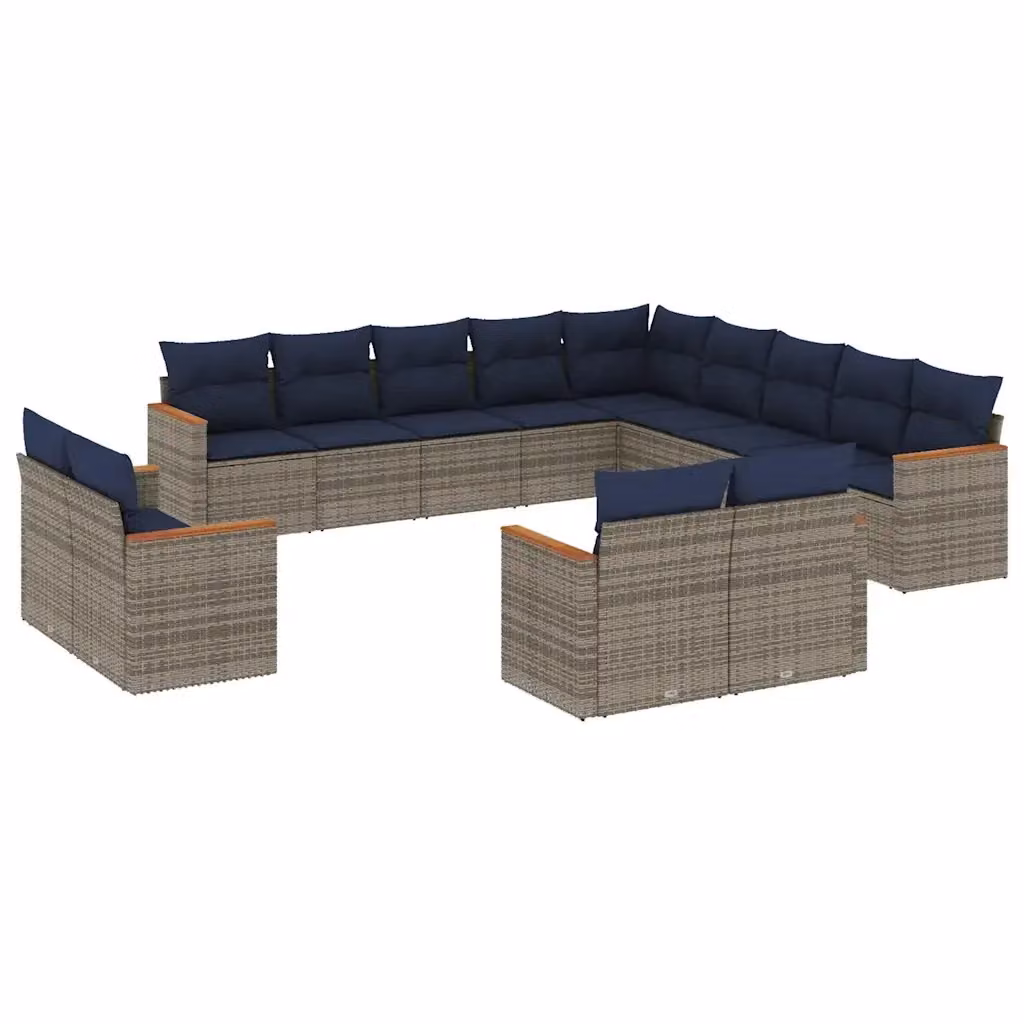 Set di divani da giardino a forma di U vidaXL in rattan con cuscini blu e grigi e struttura in metallo – 2