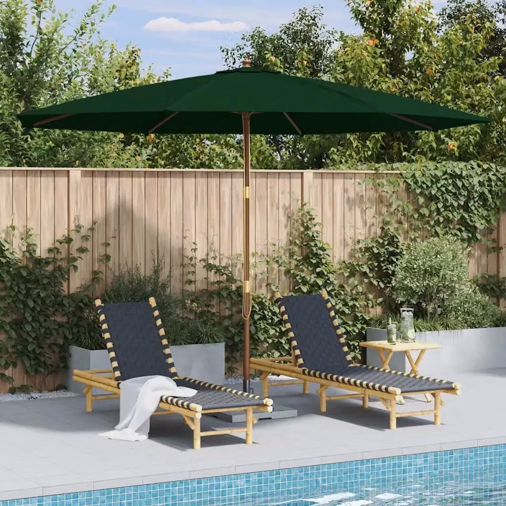 Ombrellone da esterno con palo in legno e copertura in poliestere verde, diametro 350 cm – 2