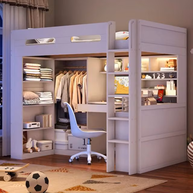 Letto a soppalco 90 × 200 cm con scrivania integrata, 1 cassetto, mensole, armadio, LED e USB, senza materasso