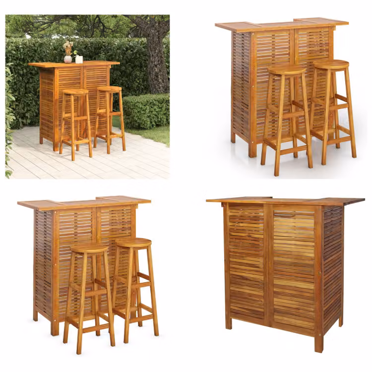 vidaXL Set bar da giardino 3 pezzi in legno massiccio di acacia - Set bar da giardino - Set bar da giardino - Tavolo e sedia da giardino - Set da pranzo per esterni