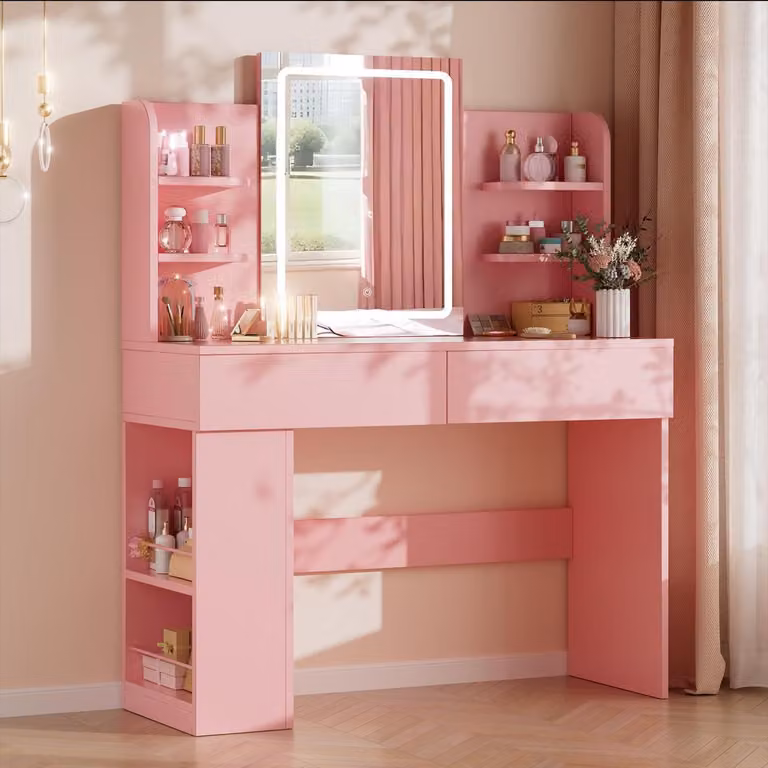 Comò da trucco illuminato, dimensioni 108x40 cm, specchio LED con 3 diverse tonalità di luce, 2 cassetti, colore rosa
