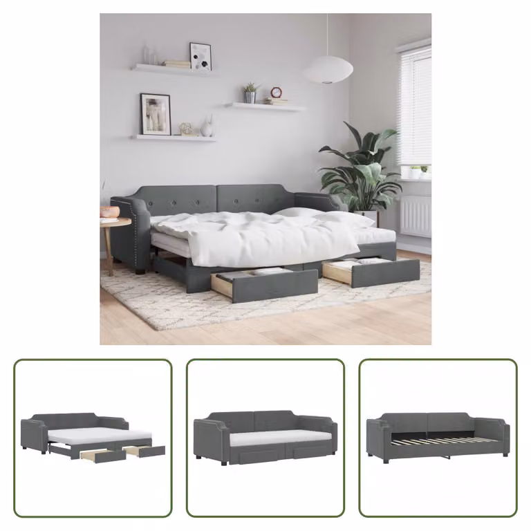 The Living Store Letto da giorno allungabile con cassetti grigio scuro 100x200 cm tessuto