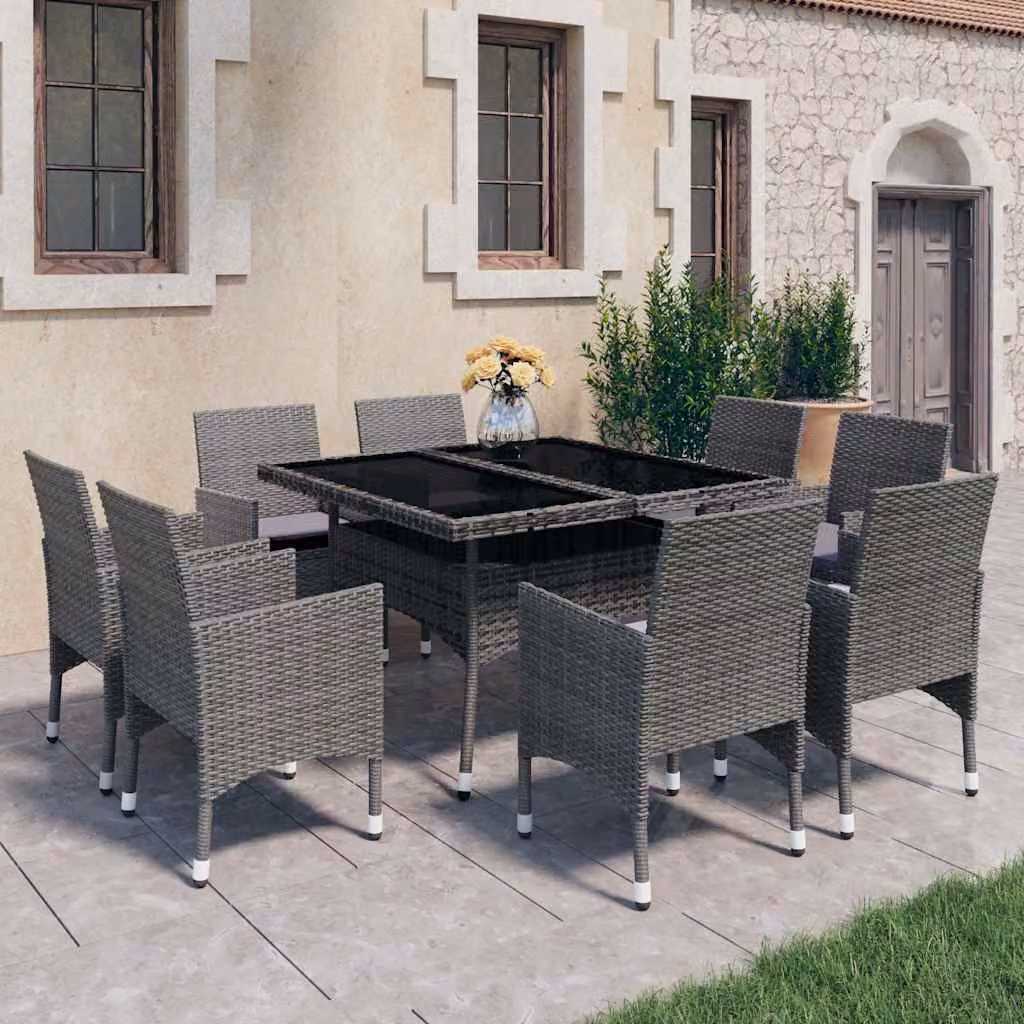 Set Mobili da Pranzo per Giardino vidaXL in Polyrattan e Vetro Grigio, 9 Pezzi – 1