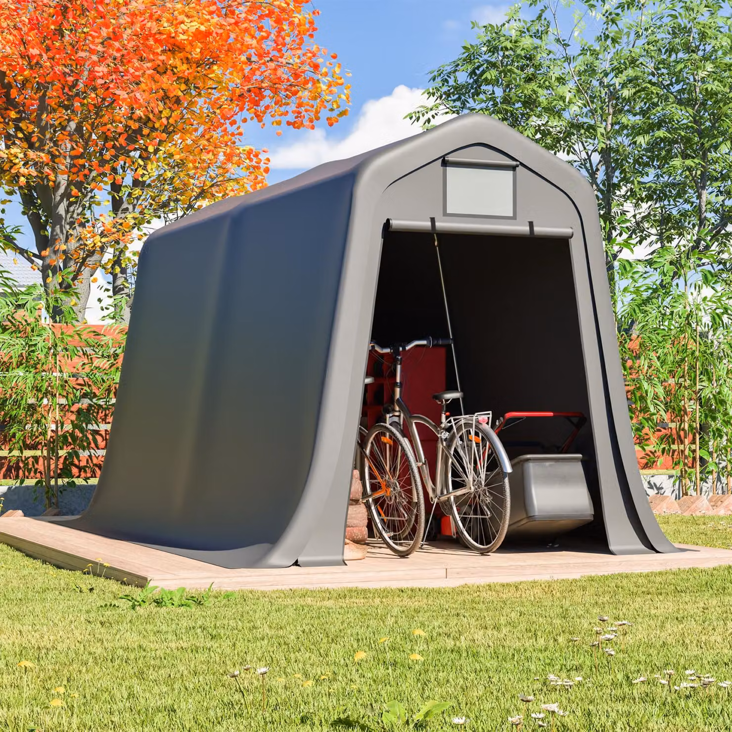 Capanno per attrezzi Aosom con tetto spiovente e porta a rullo, Grigio scuro, L: 366 cm, P: 213 cm, H: 225 cm – 2