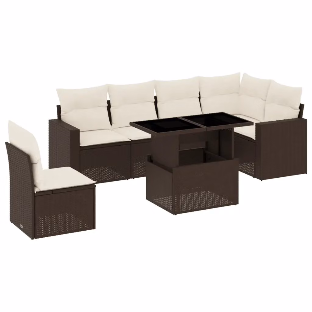 Set di divani da giardino vidaXL a forma di L composto da 7 pezzi con cuscini marroni e bianchi in polyrattan e metallo – 2