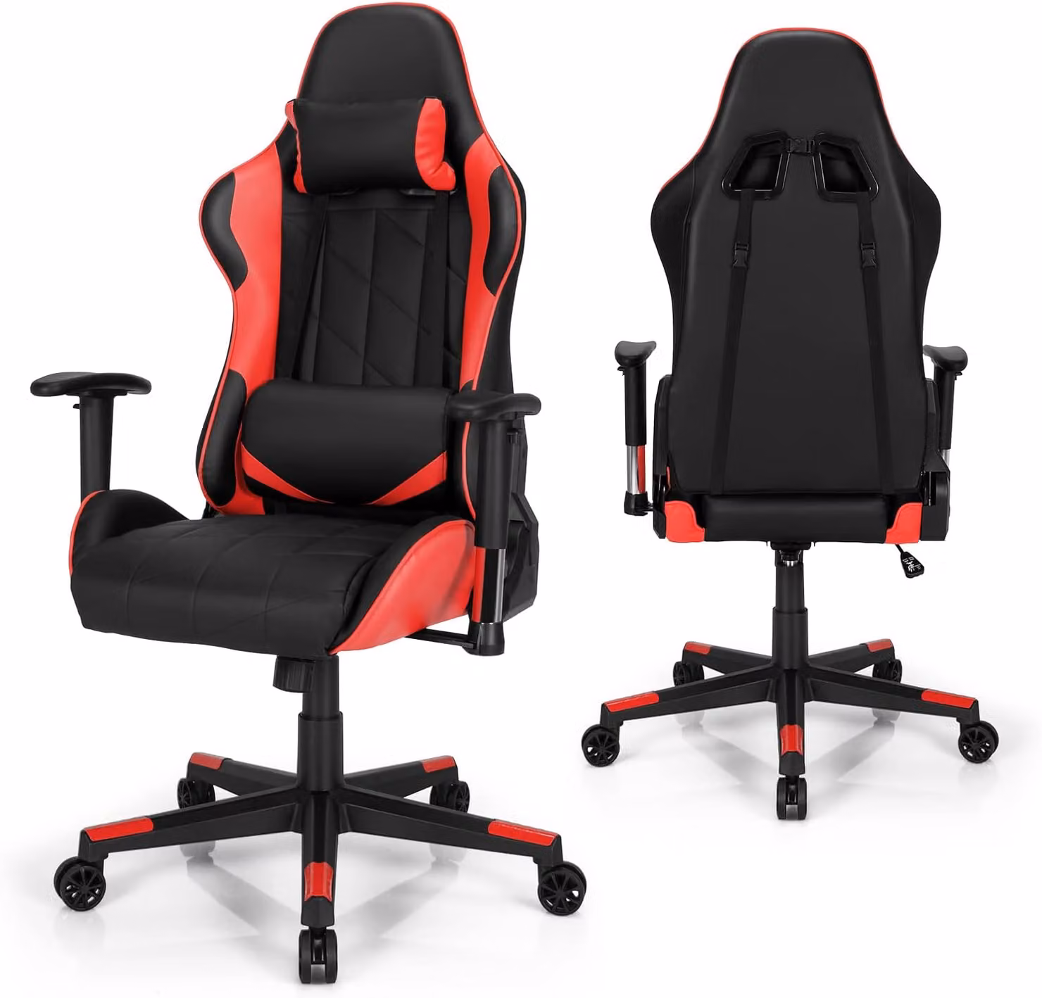 Sedia da gioco, sedia girevole con comfort regolabile, poggiatesta e lombare, comoda sedia per computer, materiale in cotone di alta qualità, portata 150 kg, 3 colori (rosso)