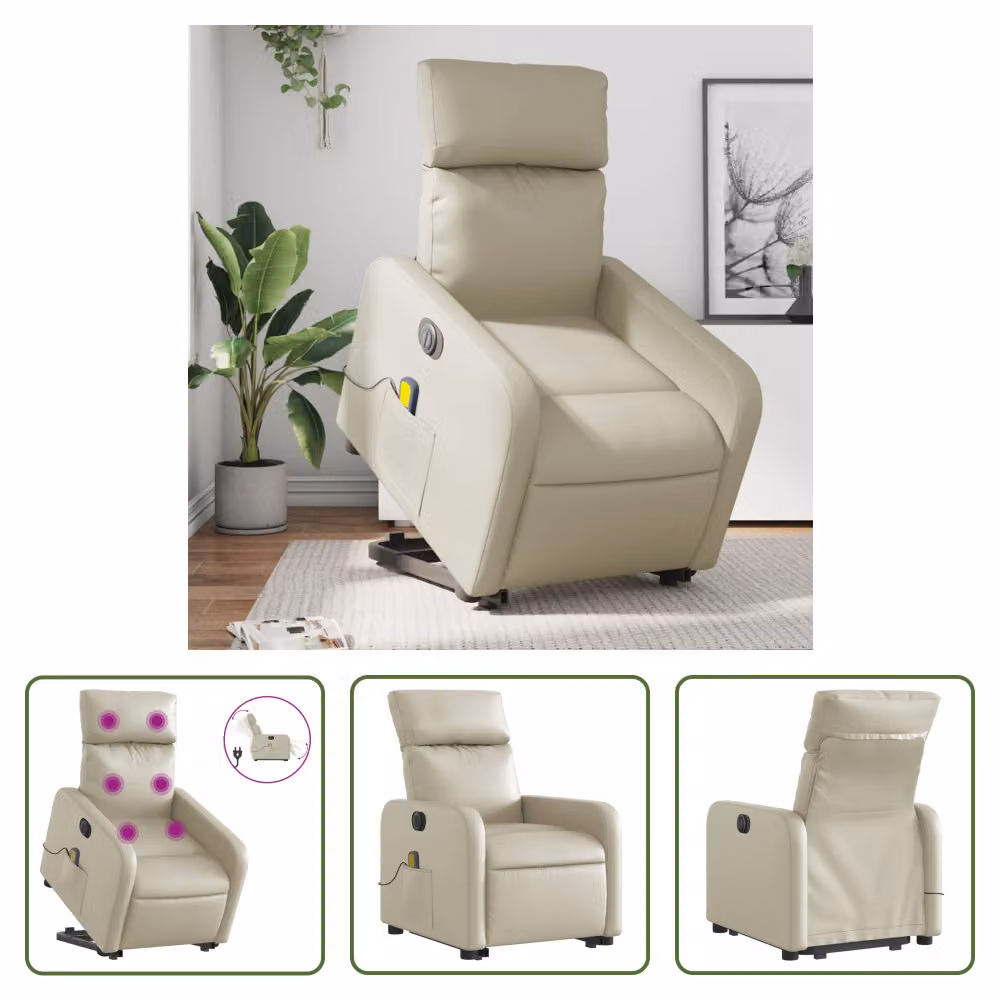 The Living Store Poltrona massaggiante con ausilio elettrico in ecopelle crema
