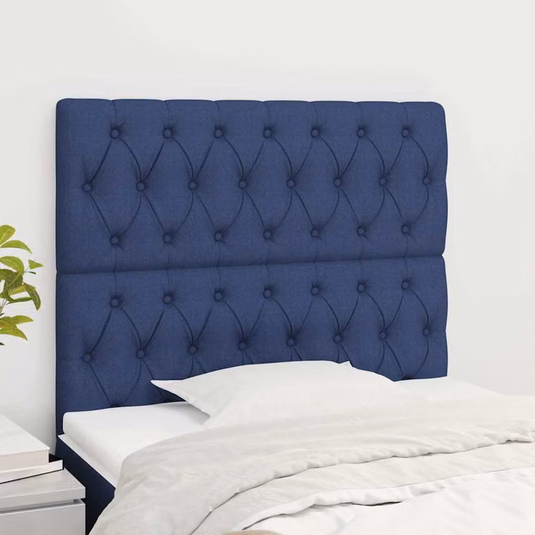 Testiera per letto imbottita vidaXL in tessuto blu con struttura in legno, L: 90 cm, P: 7 cm, H: 118-128 cm