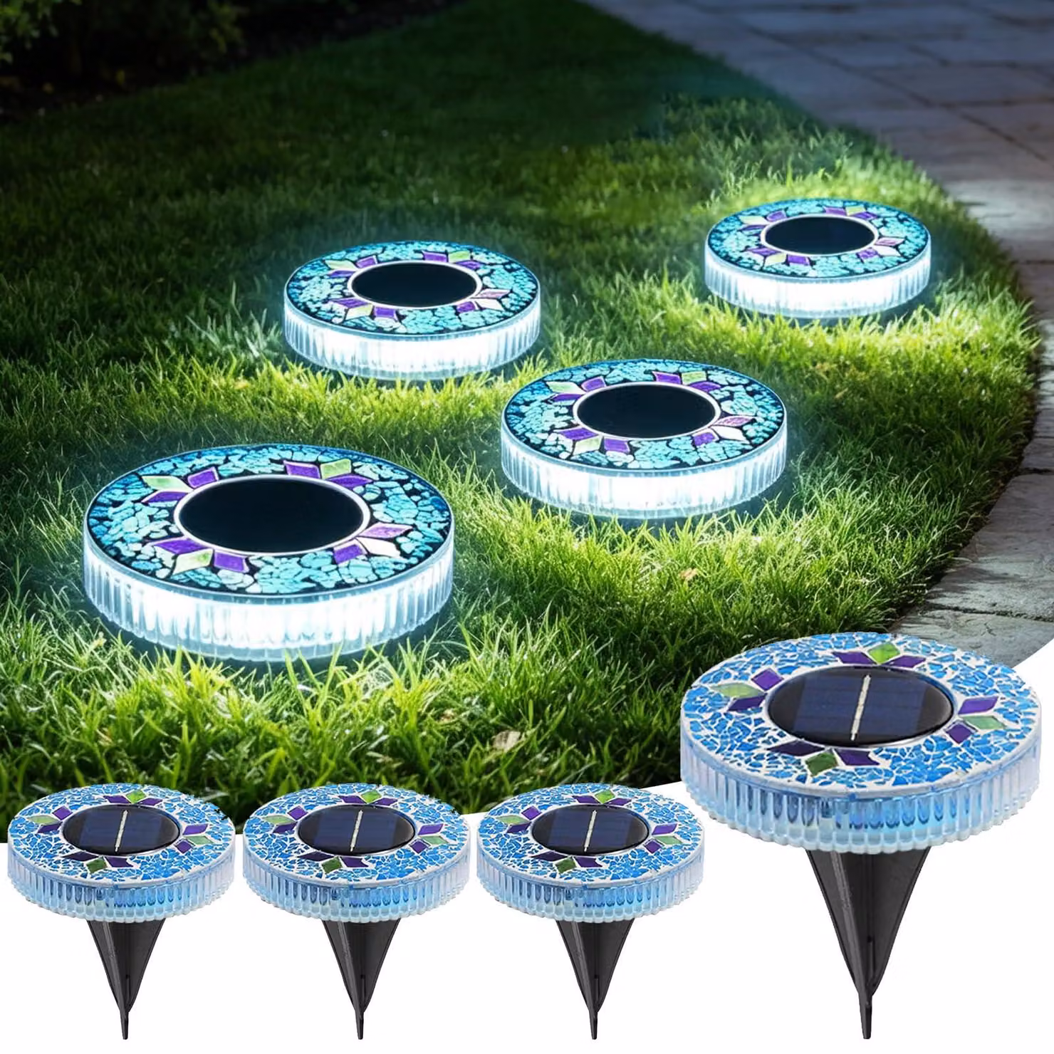 Set di 4 luci da giardino solari, impermeabili, a LED, blu, per uso esterno