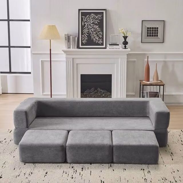 Divano letto in tessuto chenille ¨C Minimal ¨C grigio, salvaspazio con poggiapiedi