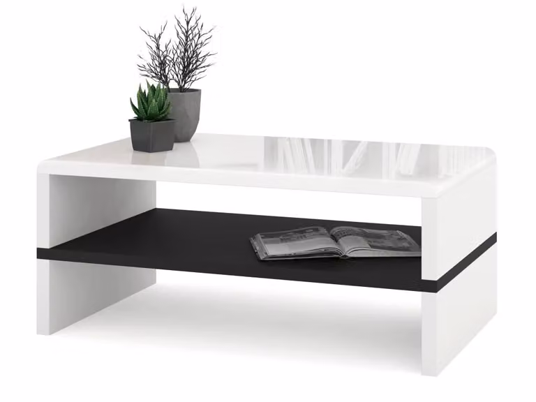 Tavolino All4All Riva, piccolo tavolino da caffè, tavolino per il soggiorno, tavolino da divano con ripiani, tavolino da divano, dimensioni 100x60 cm, modello 05, bianco lucido + nero