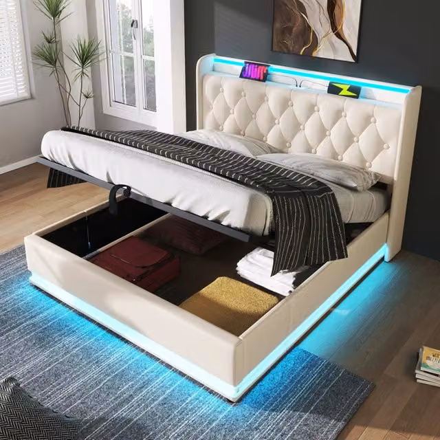 Letto imbottito Mivray con contenitore idraulico, illuminazione LED, porte USB e Type-C, rivestimento in ecopelle bianco, L/P: 140 x 190 cm