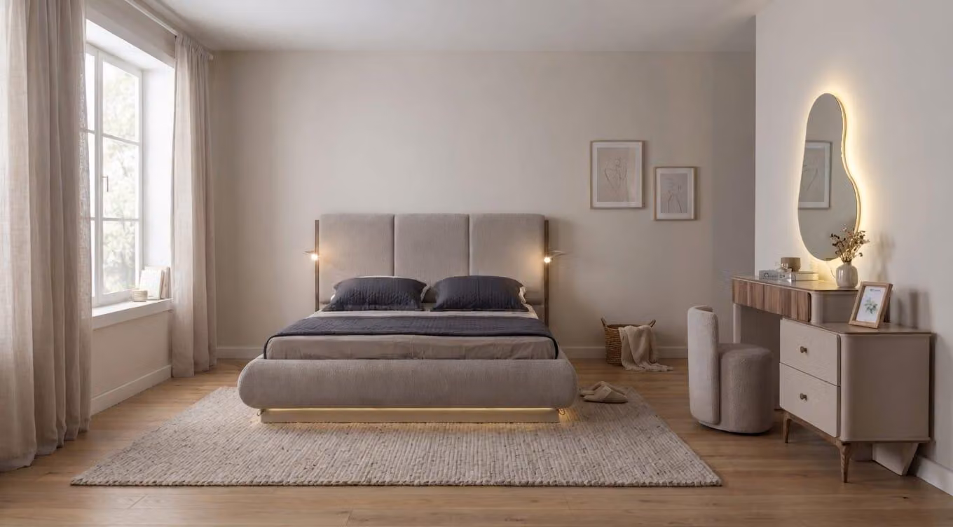 Set per camera da letto in stile scandinavo moderno, comprendente: letto, comò e specchio LED