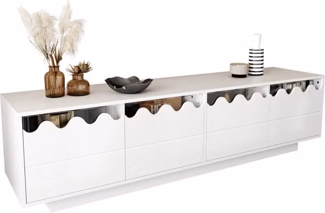 Mobile TV Moderno Bianco con Bordi Ondulati, 4 Ante a Ribalta, Struttura in Legno Laminato, 170 x 40 x 45 cm