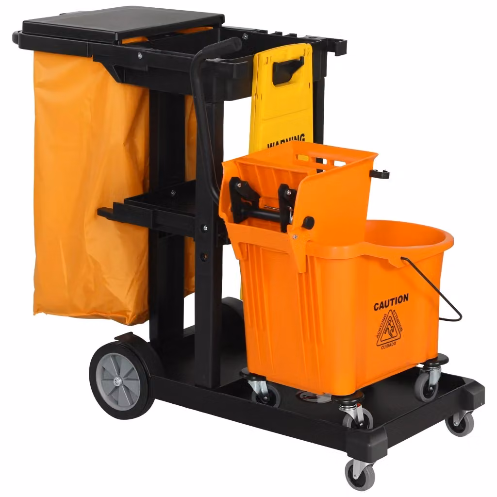 Carrello per pulizie Minimal con 3 ripiani, secchio con strizzatore e sacco da 70L, giallo e arancione – 2