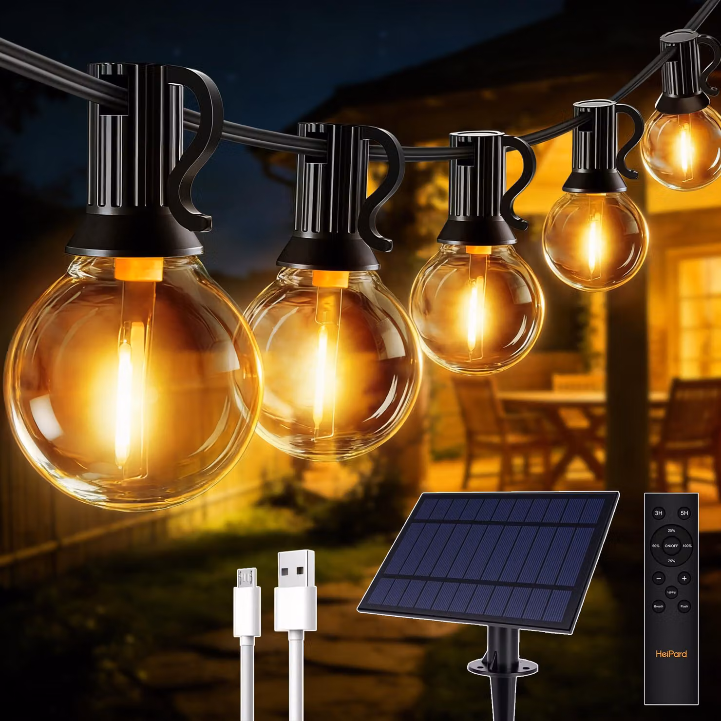 Catena luminosa solare, 10 metri, 16+1 LED G40, luce bianco caldo, dimmerabile, con telecomando