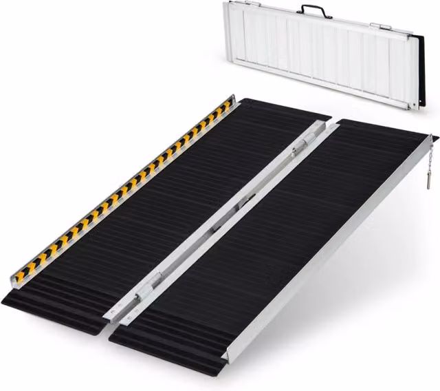 Rampa per carrozzina in alluminio con piastra di transizione e superficie antiscivolo, colore nero, L 122 cm x P 74 cm x H 2 cm