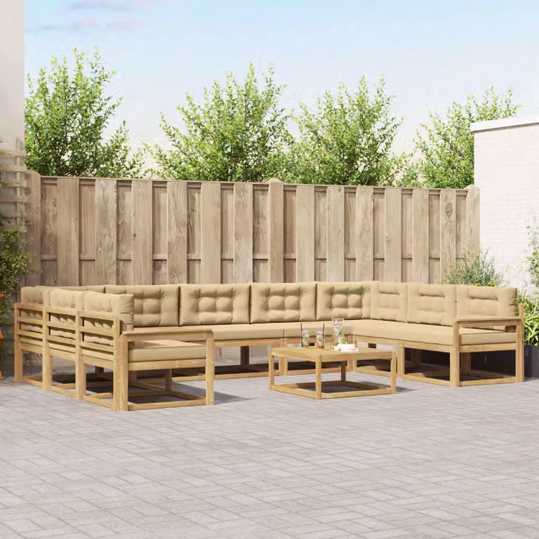 vidaXL Set di divani da esterno moderno a L con tavolino da caffè e cuscini, legno di acacia trattato, Bianco e Beige