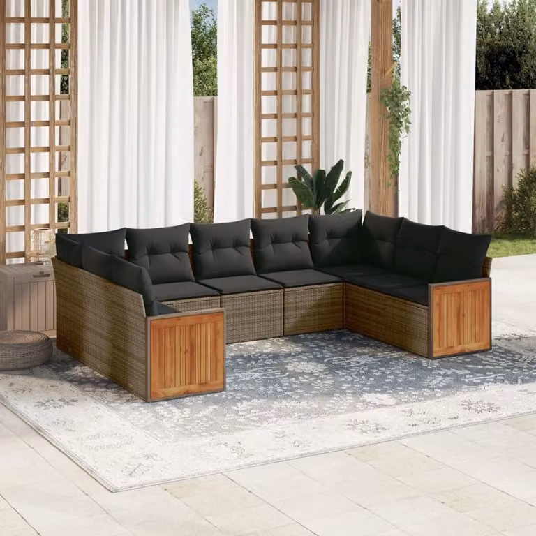 vidaXL Set Divano da Giardino a L 9 pz in Polyrattan e Legno di Acacia Grigio con Cuscini Imbottiti e Rivestimenti Rimovibili