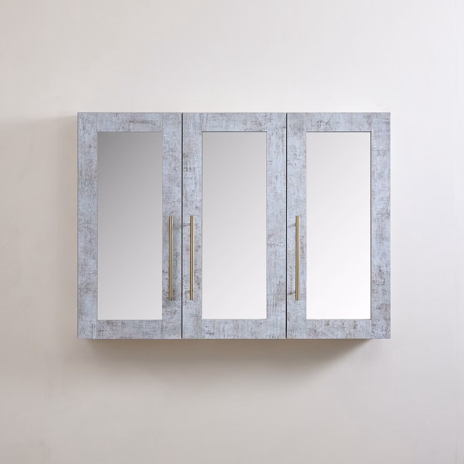 Mobiletto a Specchio da 600mm x 650mm Grigio Cemento - Completo di Maniglie Moderne a Barra in Oro Satinato - Cluo