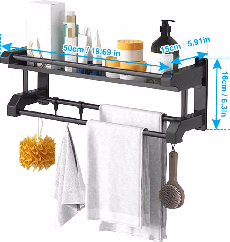 Scaffale portaoggetti per bagno, portasciugamani in acciaio inox da fissare alla parete per bagno, cucina, accessori da appendere, a un ripiano, nero, 50 cm