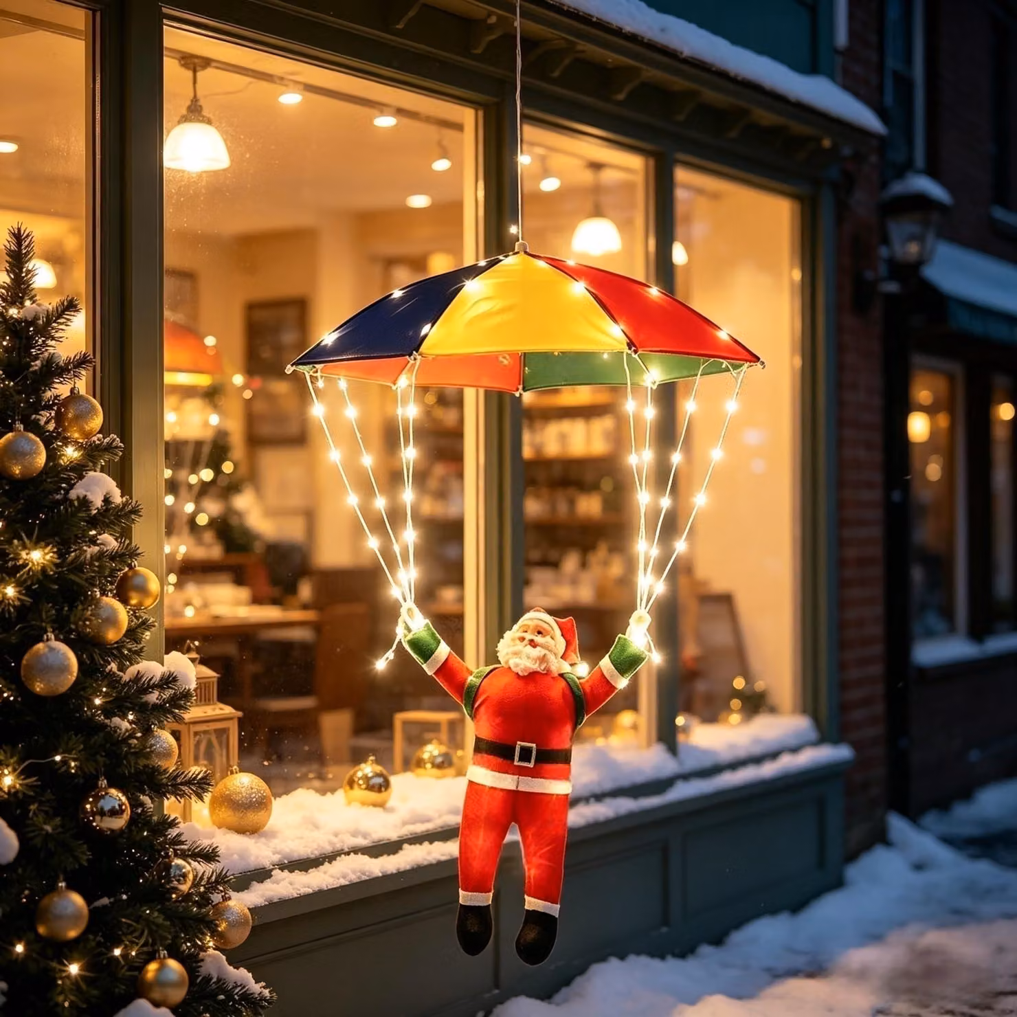 Catena luminosa a forma di Babbo Natale da appendere, lunghezza 300 cm, 64 LED, luce bianco caldo
