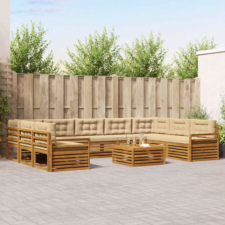 vidaXL Set di divani da esterno 10 pezzi in legno di acacia con cuscini, colore beige e marrone