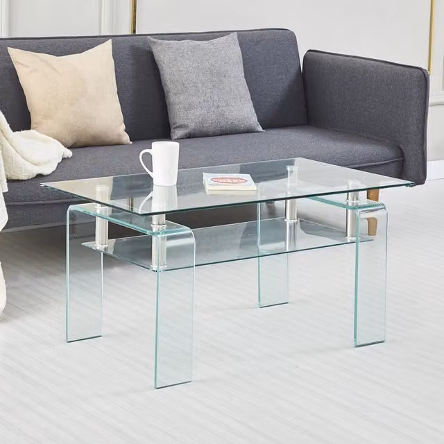 Tavolino basso moderno OKWISH con doppio piano in vetro temperato trasparente e struttura in metallo per soggiorno L: 100 cm, P: 55 cm, H: 45 cm – 1