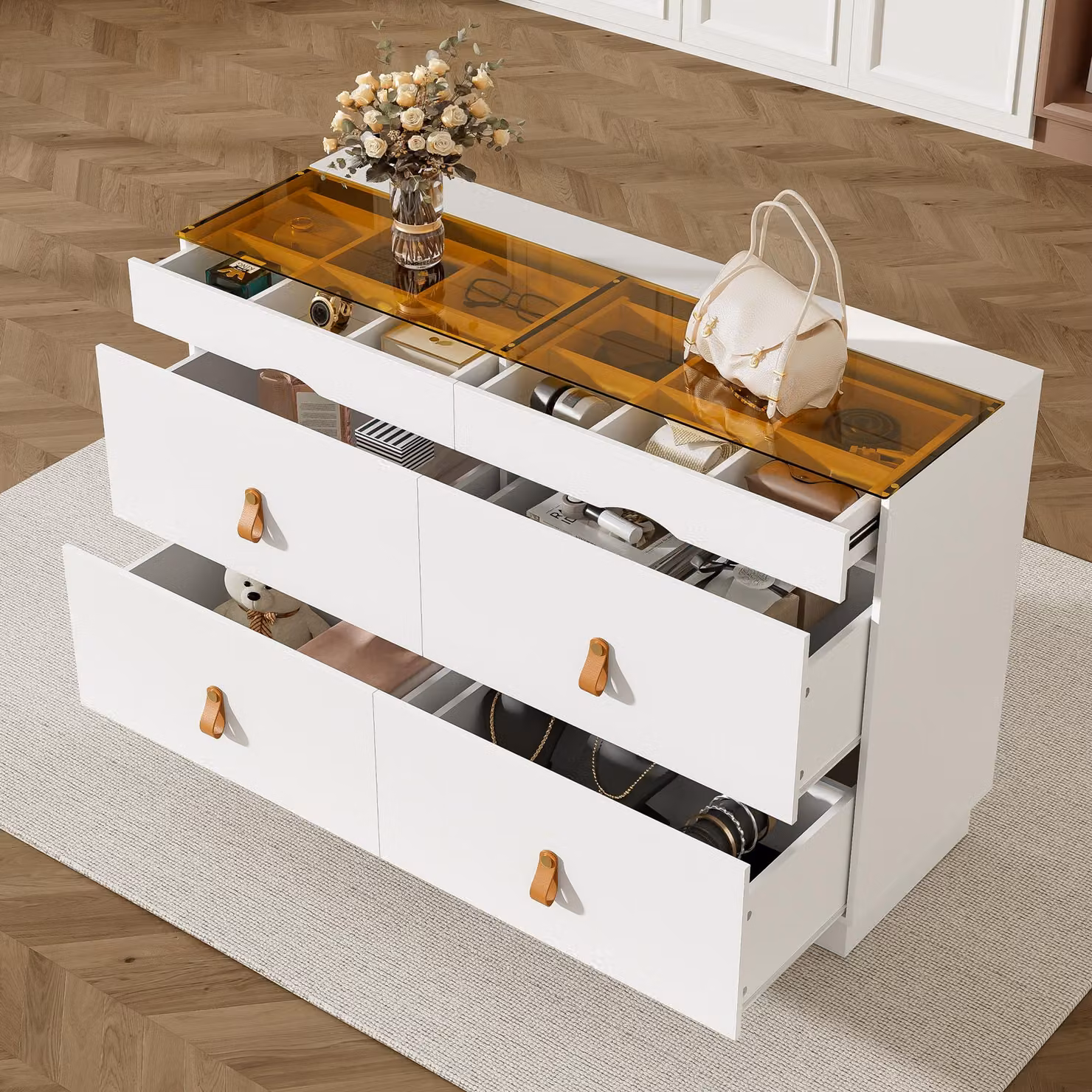 Credenza Merax in vetro temperato, 6 cassetti, toletta, portagioie, mobile alto per camera da letto, spogliatoio, sala da pranzo, bianco