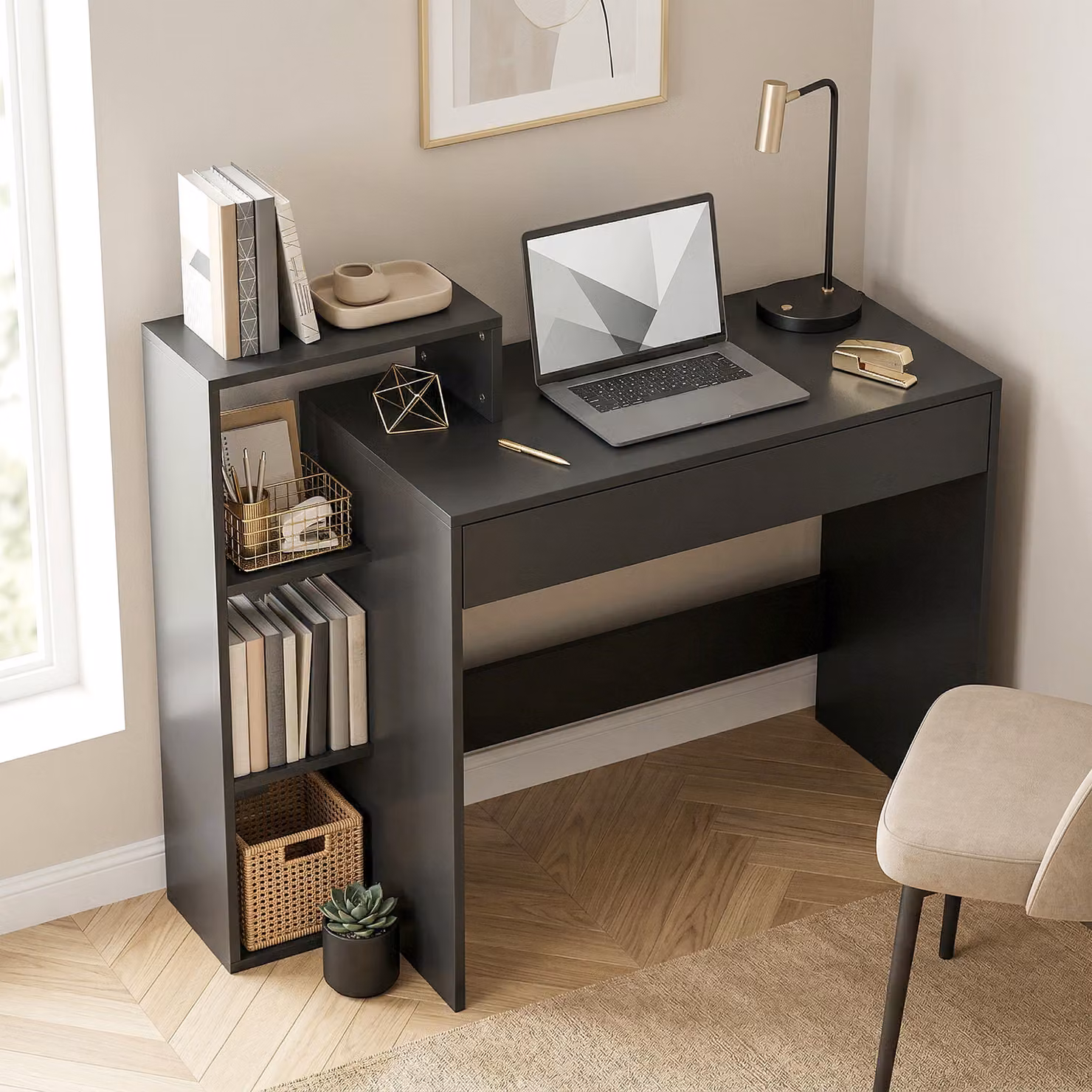 Scrivania PC Moderna HOMCOM in Legno Nero con 3 Ripiani Aperti e Cassetto, L 100 cm x P 40 cm x H 90 cm – 2
