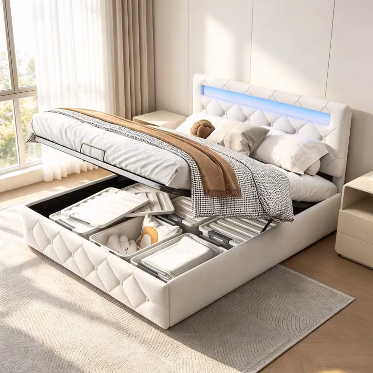 Letto matrimoniale con boxspring INONEFT, 140x200 cm, con illuminazione LED, rete a molle, testiera regolabile in altezza, imbottito, contenitore, tessuto velluto, colore pesca